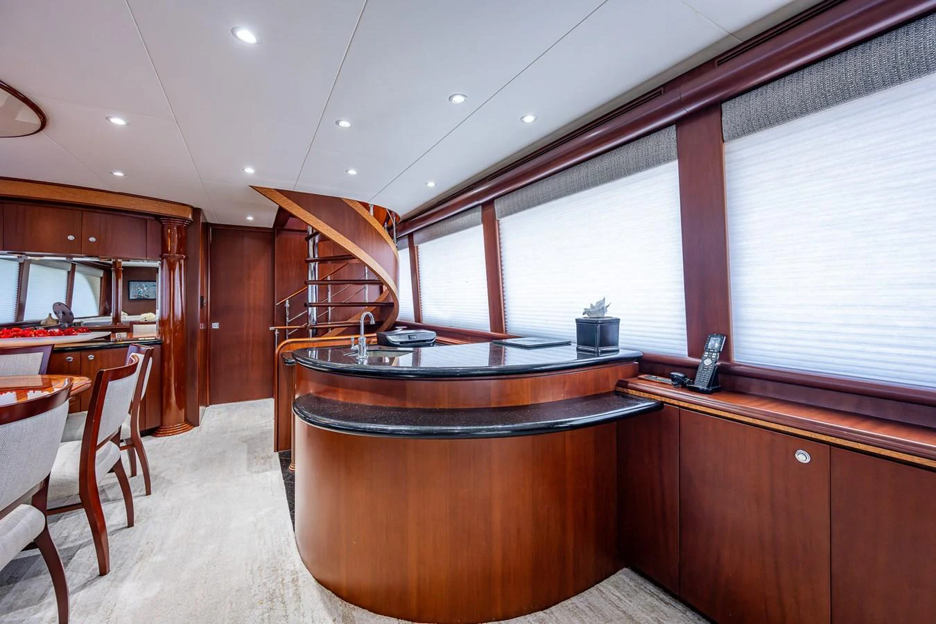 a large wooden bar in a wooden room aboard LADY LORRAINE Yacht for Sale