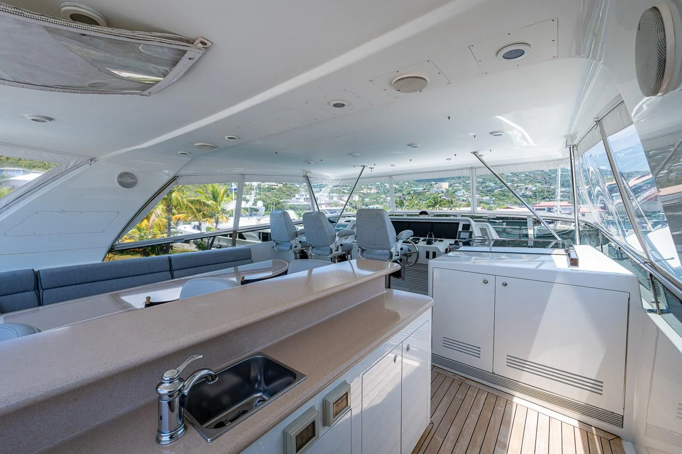 a large open space with a large open window and a view of the ocean aboard LADY LORRAINE Yacht for Sale