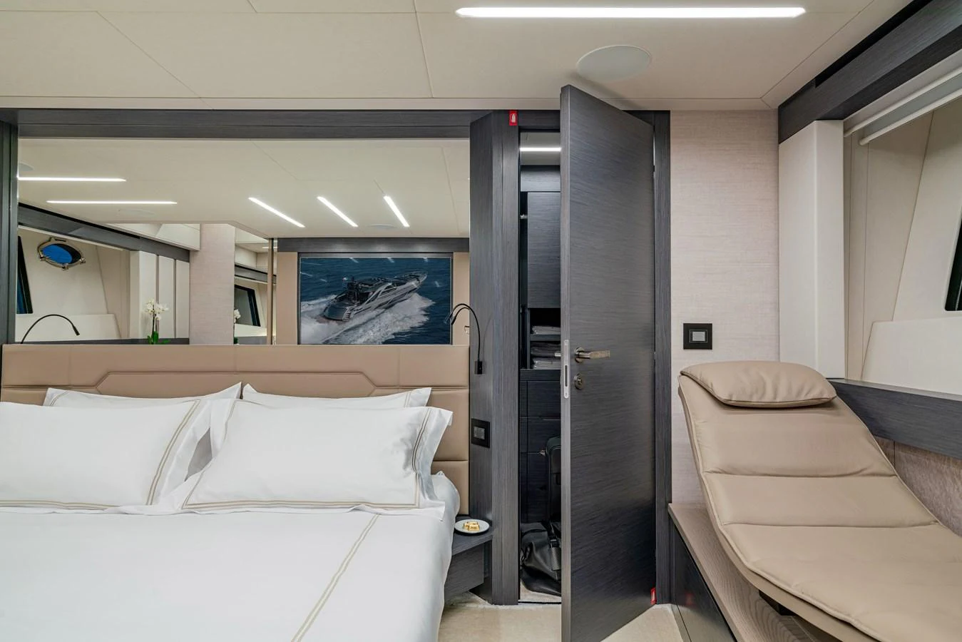 a room with a bed and a door aboard SILVER BULLET Yacht for Sale