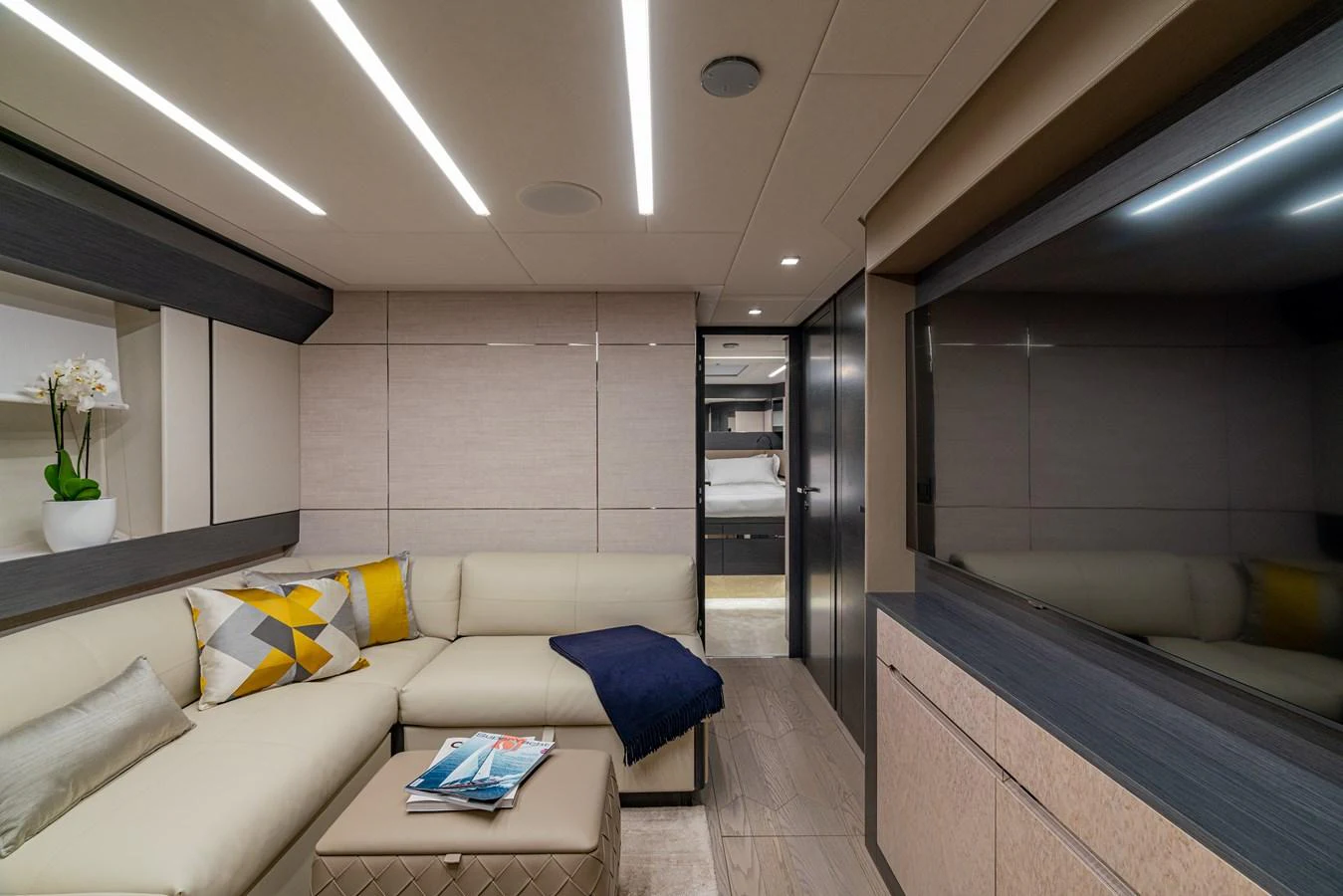 a modern looking living room aboard SILVER BULLET Yacht for Sale