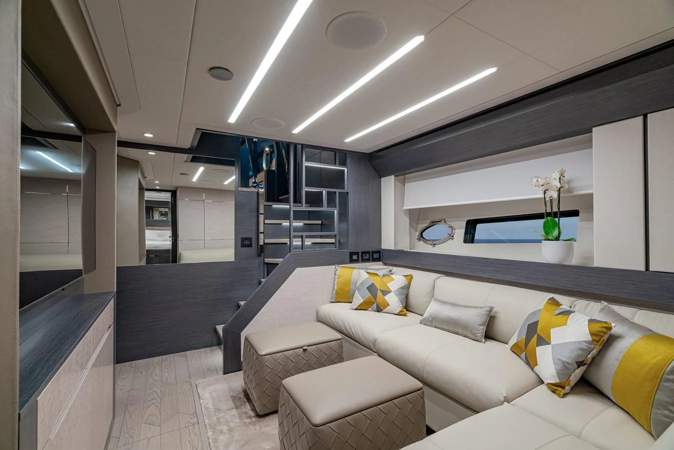 a modern looking living room aboard SILVER BULLET Yacht for Sale