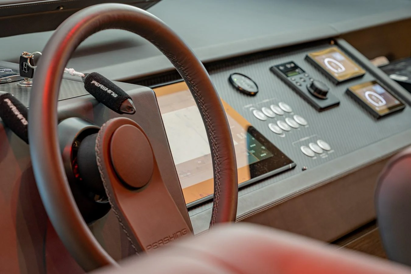 a steering wheel and dashboard of a car aboard SILVER BULLET Yacht for Sale