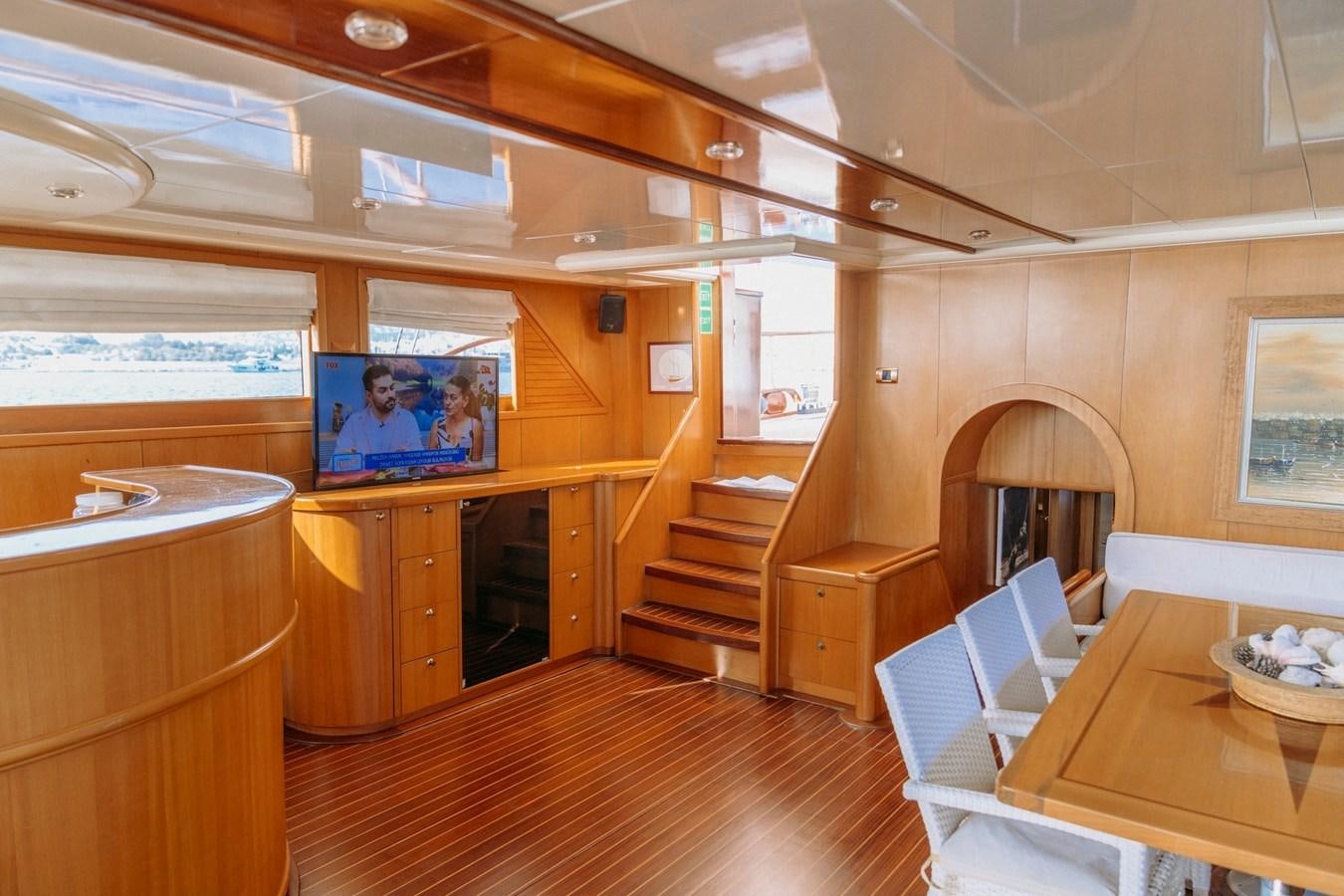 a room with a tv and a table aboard CUSTOM MADE MOTORSAILER Yacht for Sale