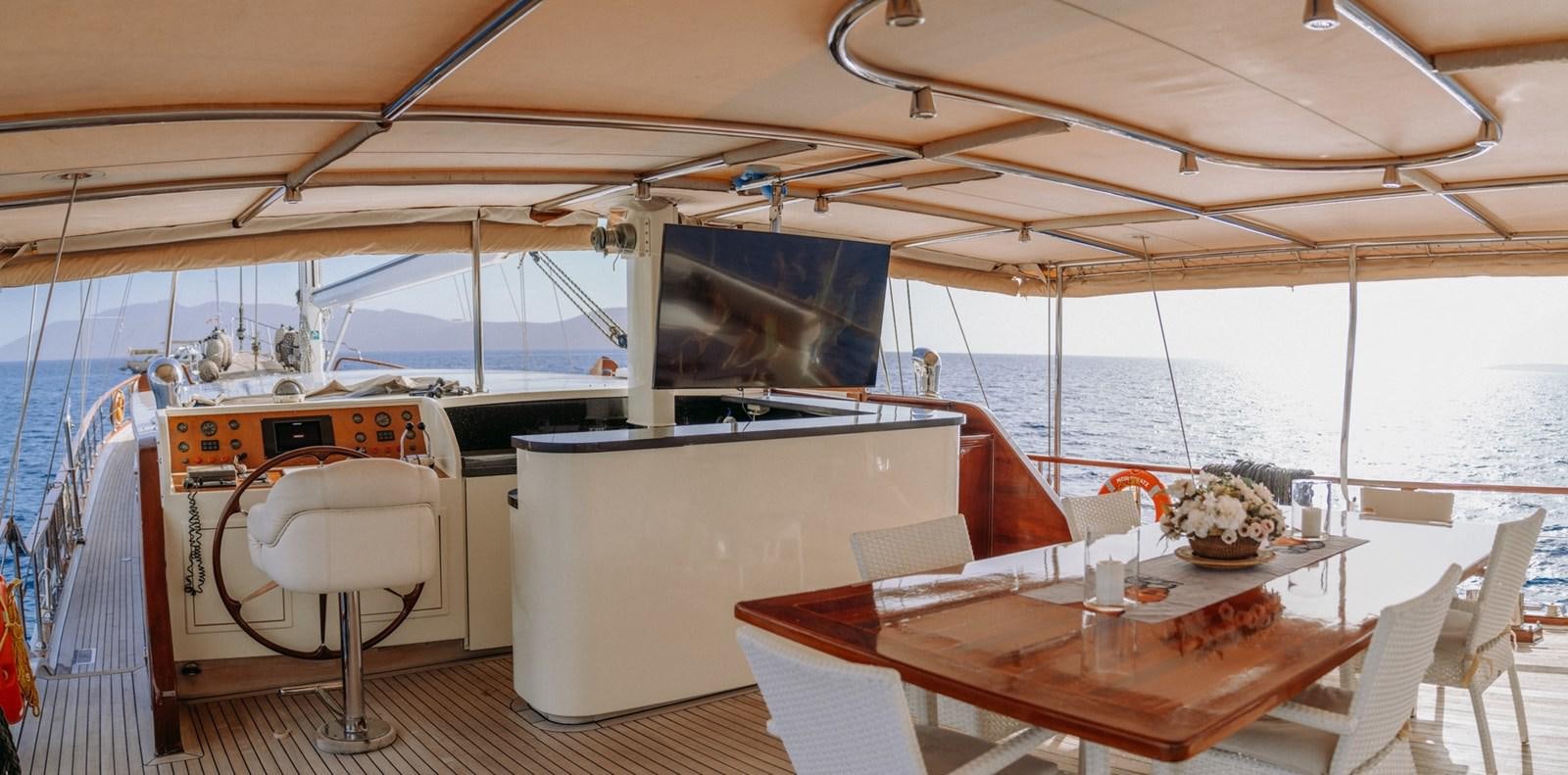 a boat with a table and chairs aboard CUSTOM MADE MOTORSAILER Yacht for Sale