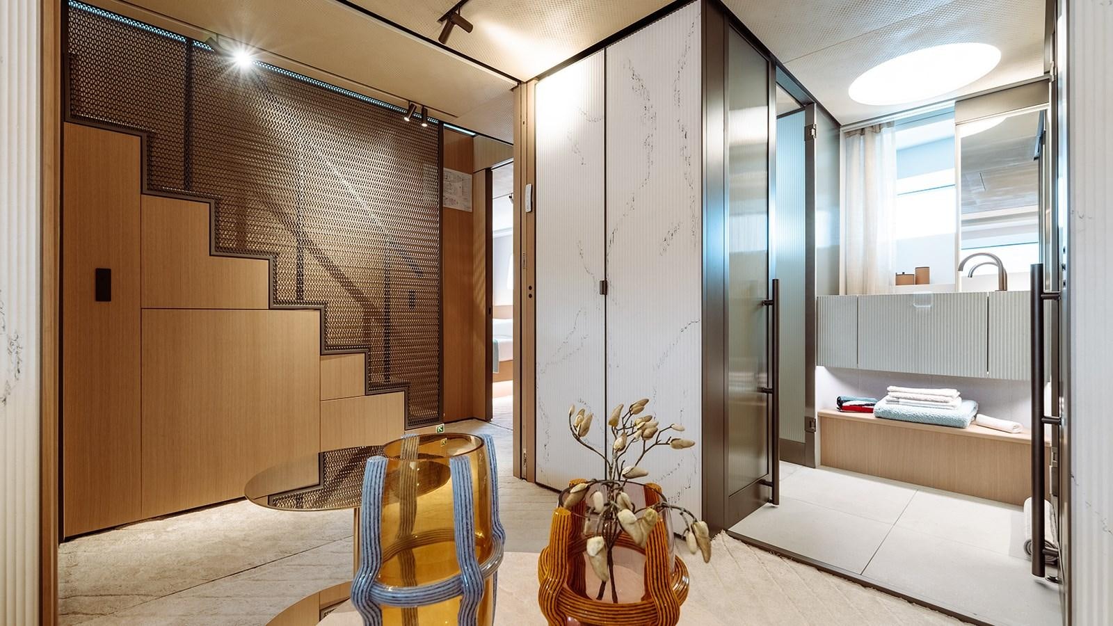 a room with a large glass door aboard SAL Yacht for Sale