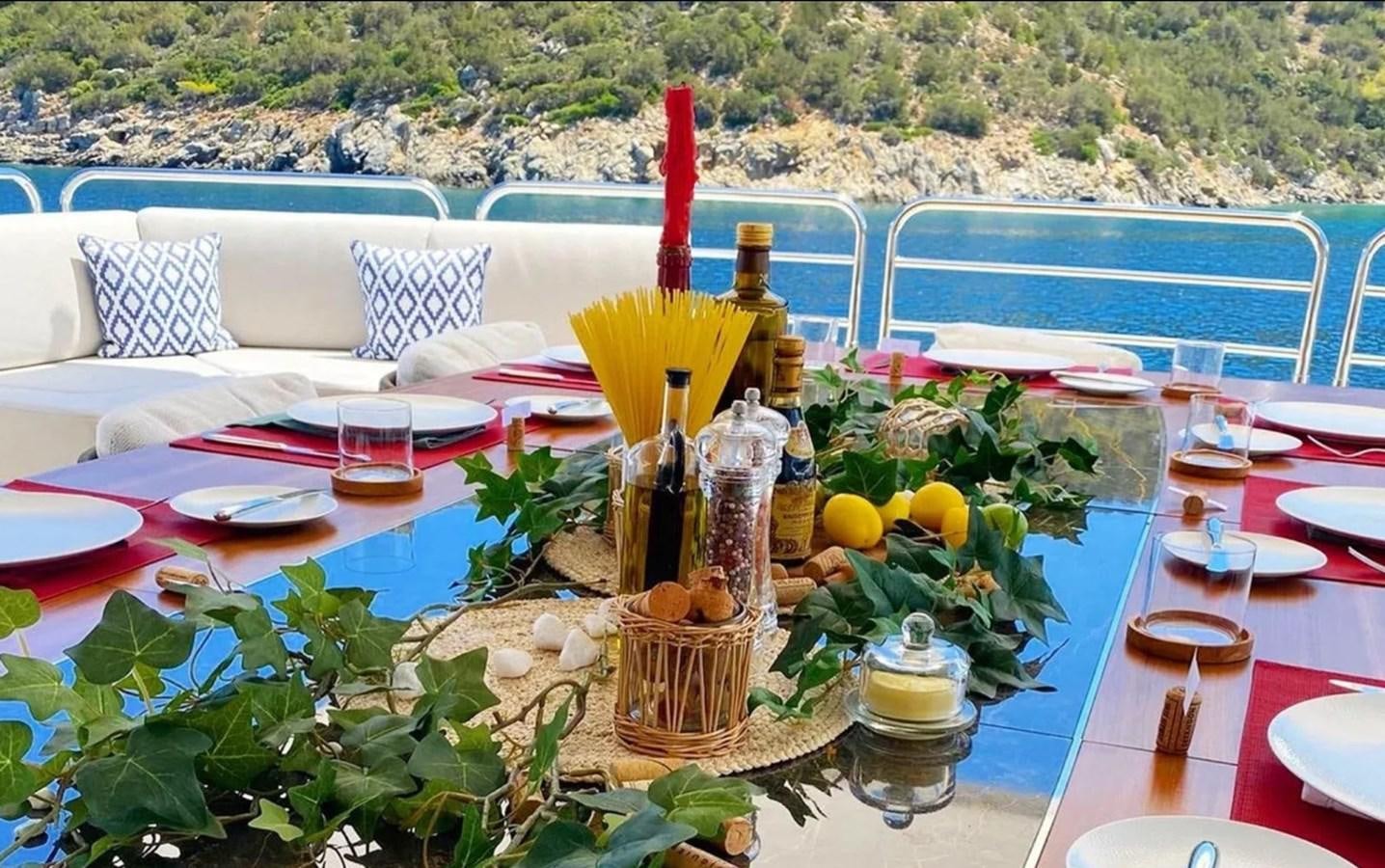 a table with food and drinks on it aboard ANYA Yacht for Sale