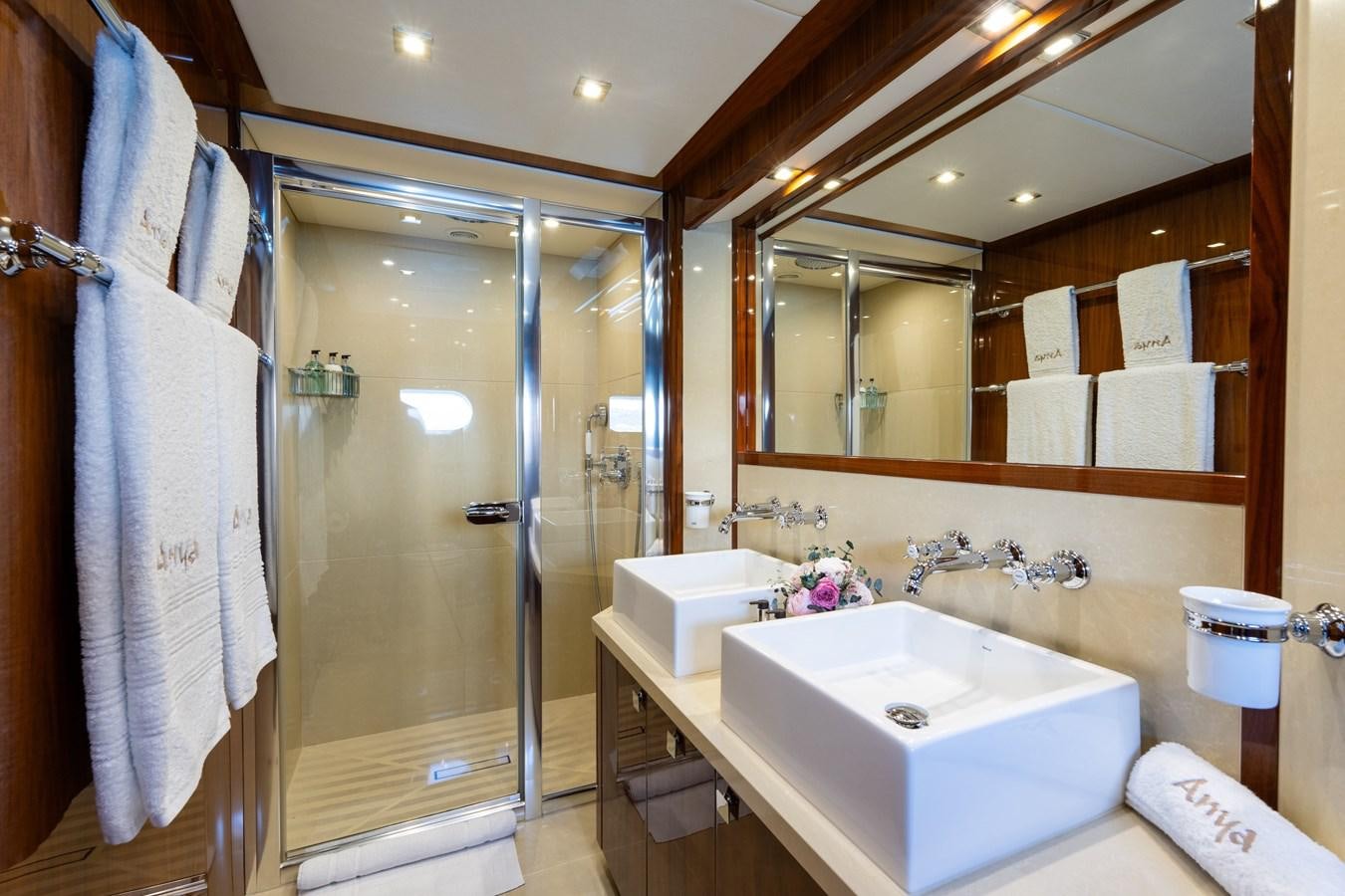 a bathroom with a sink and a shower aboard ANYA Yacht for Sale