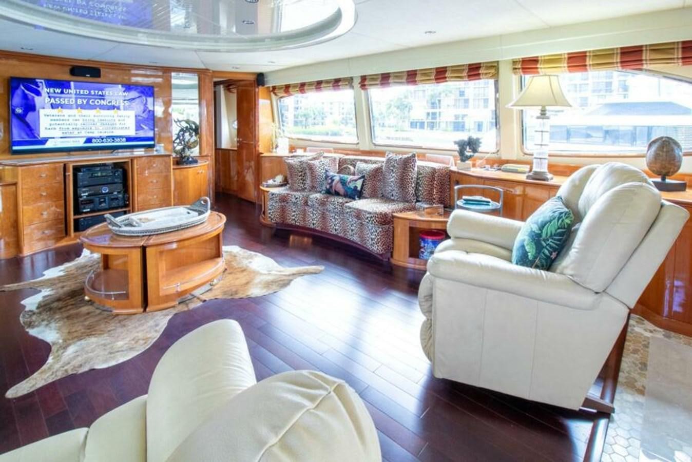 a living room with a large screen aboard SAND DOLLAR Yacht for Sale