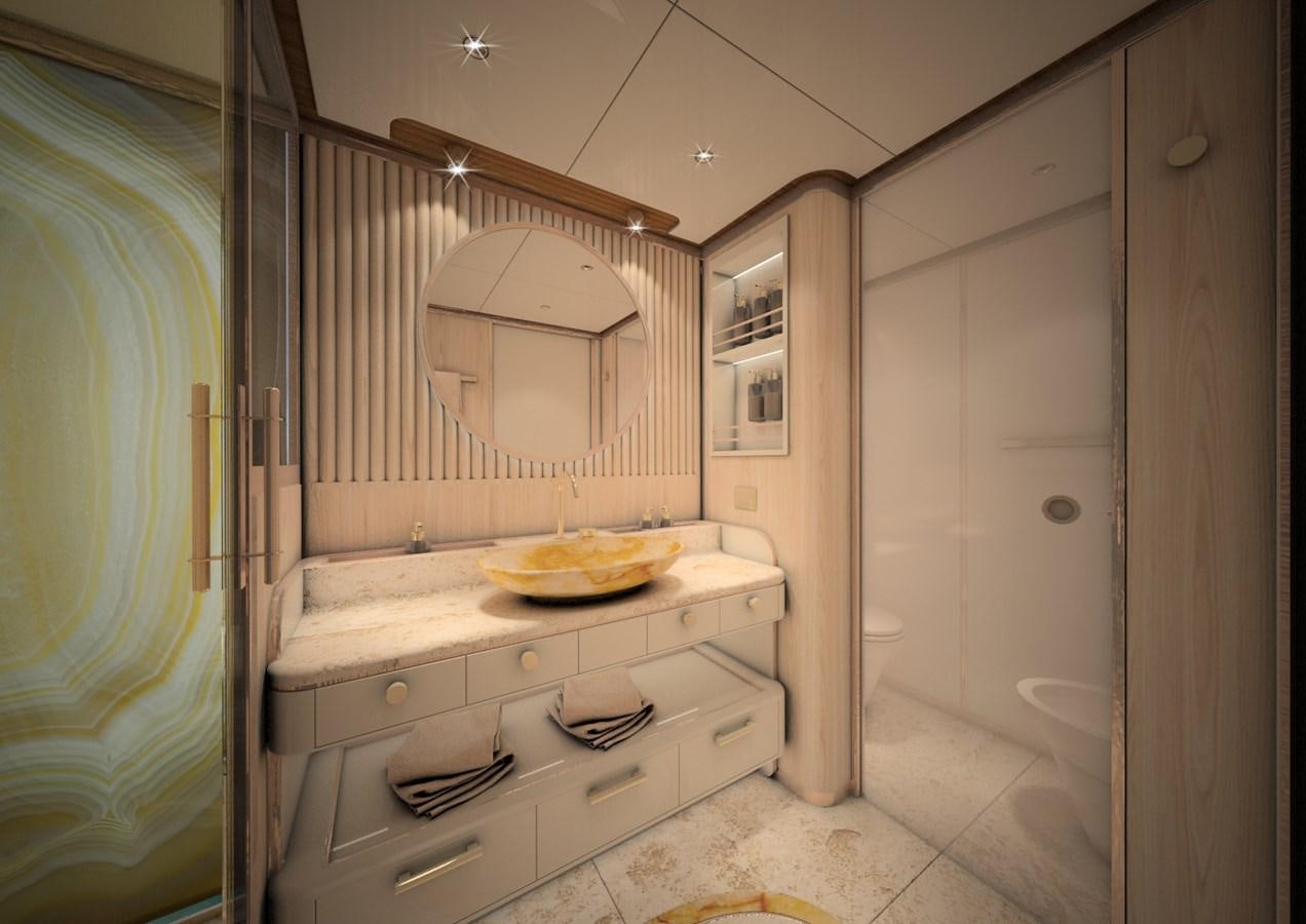 a bathroom with a large mirror aboard ANJELIF Yacht for Sale