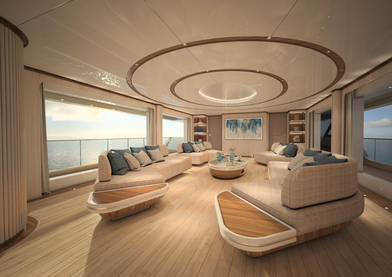 a living room with a large chandelier aboard ANJELIF Yacht for Sale