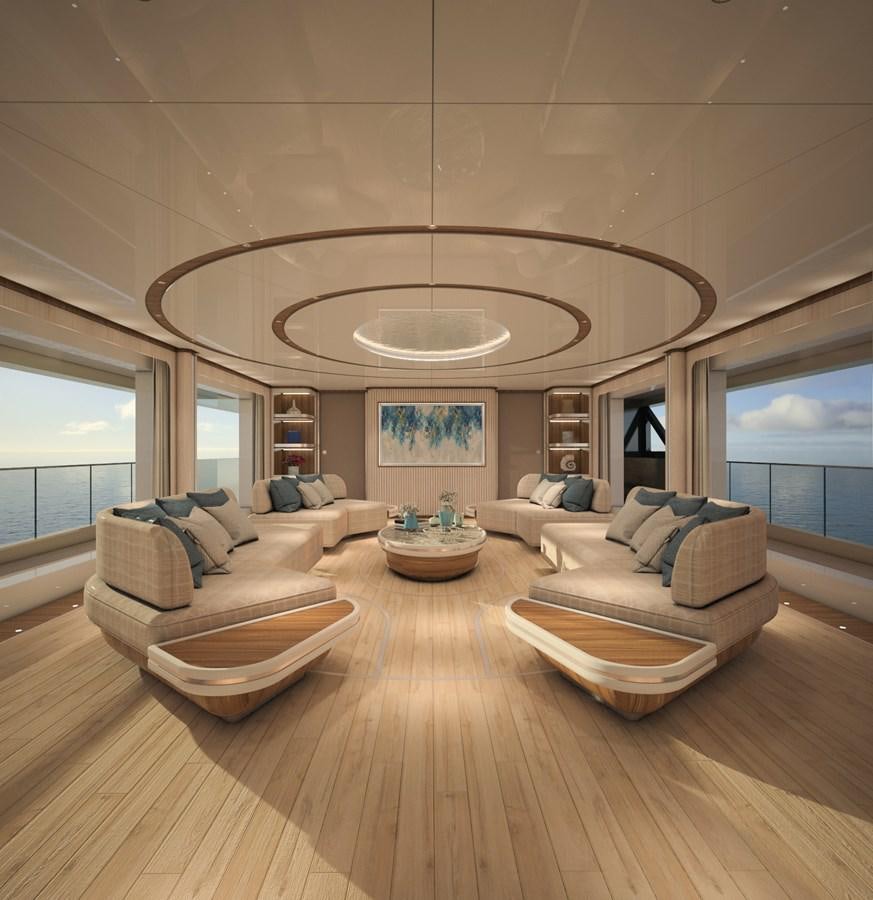 a living room with a large chandelier aboard ANJELIF Yacht for Sale