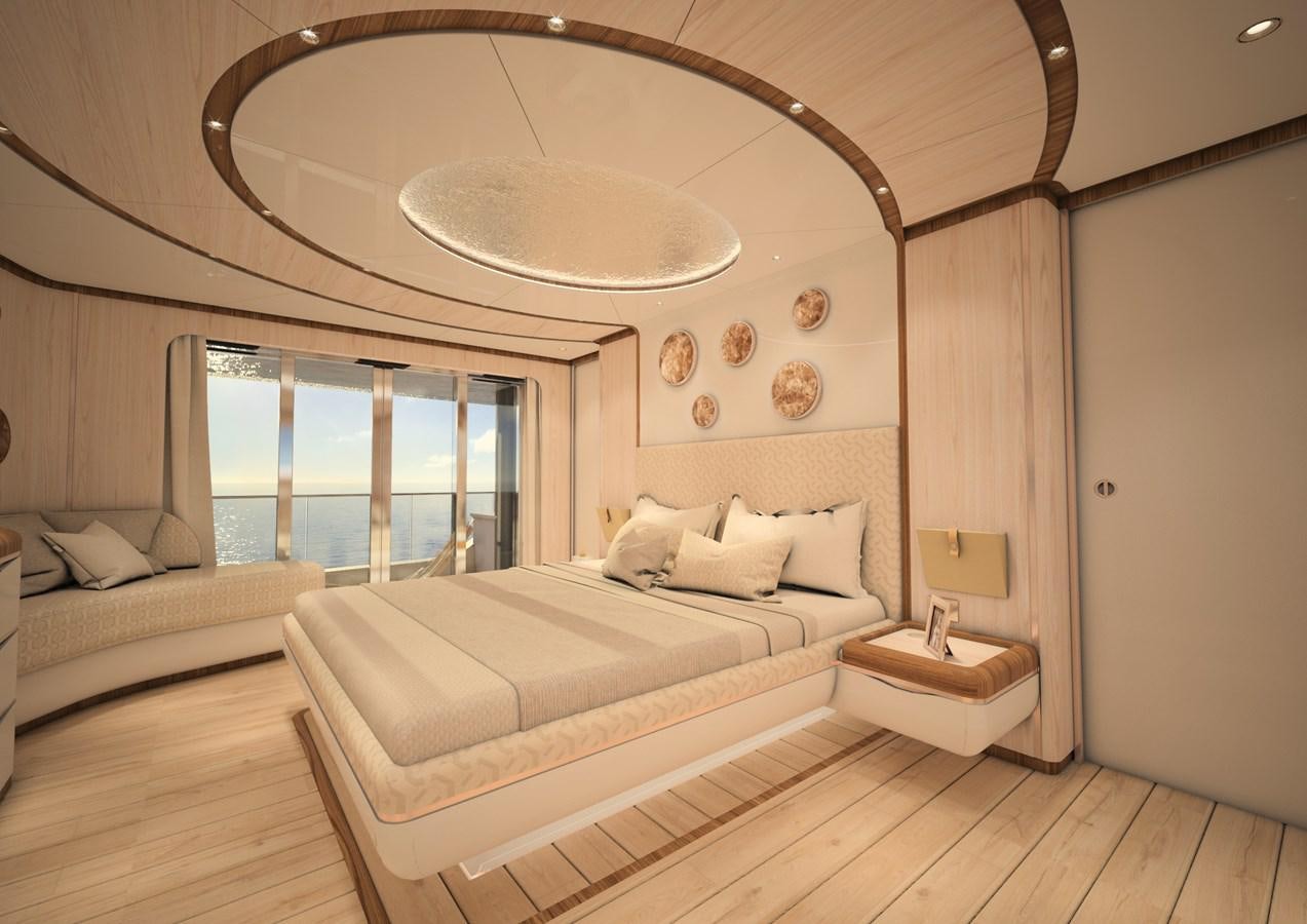 a room with a bed and a large chandelier aboard ANJELIF Yacht for Sale