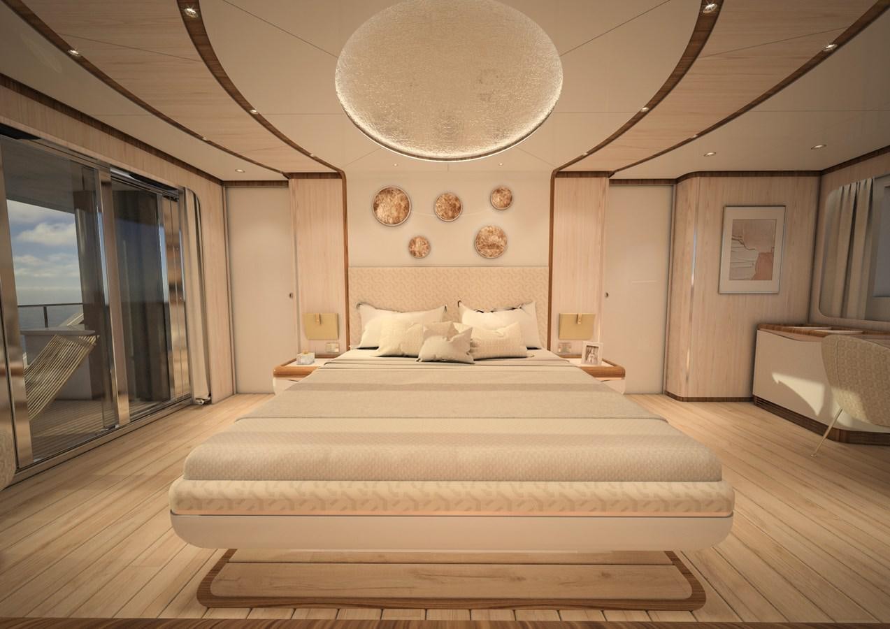 a large white bed in a room aboard ANJELIF Yacht for Sale
