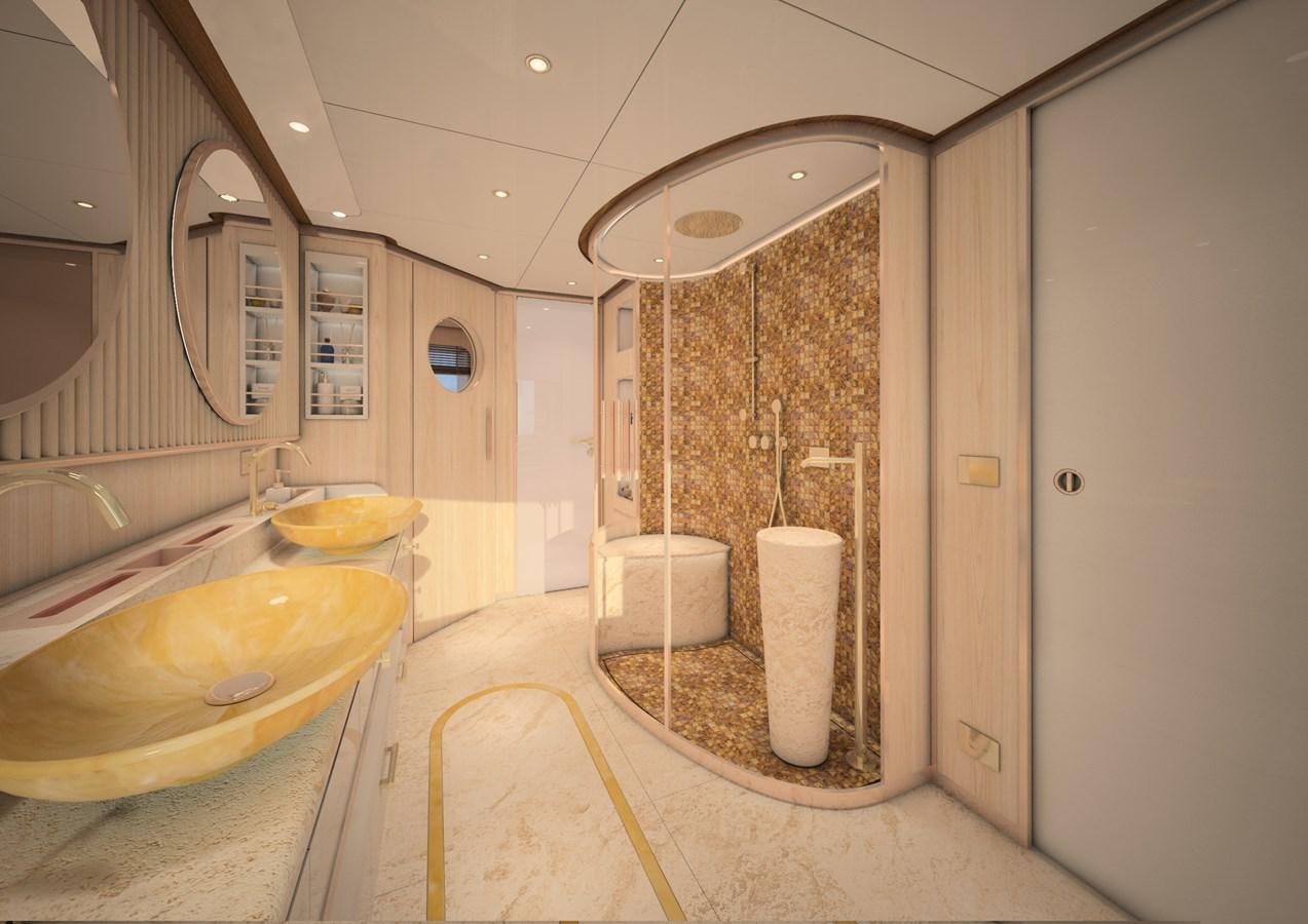 a bathroom with a large mirror aboard ANJELIF Yacht for Sale