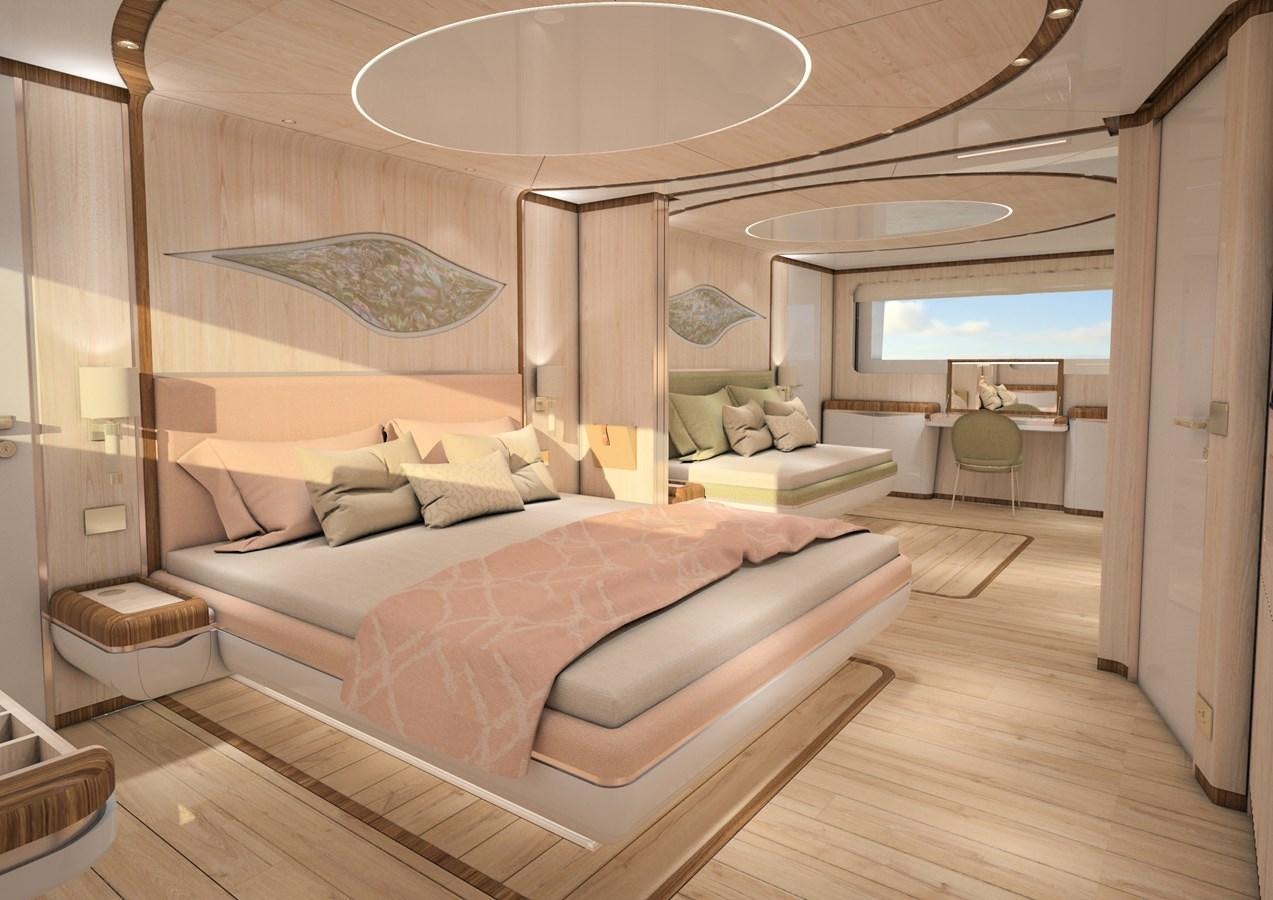 a room with a bed and a large mirror aboard ANJELIF Yacht for Sale