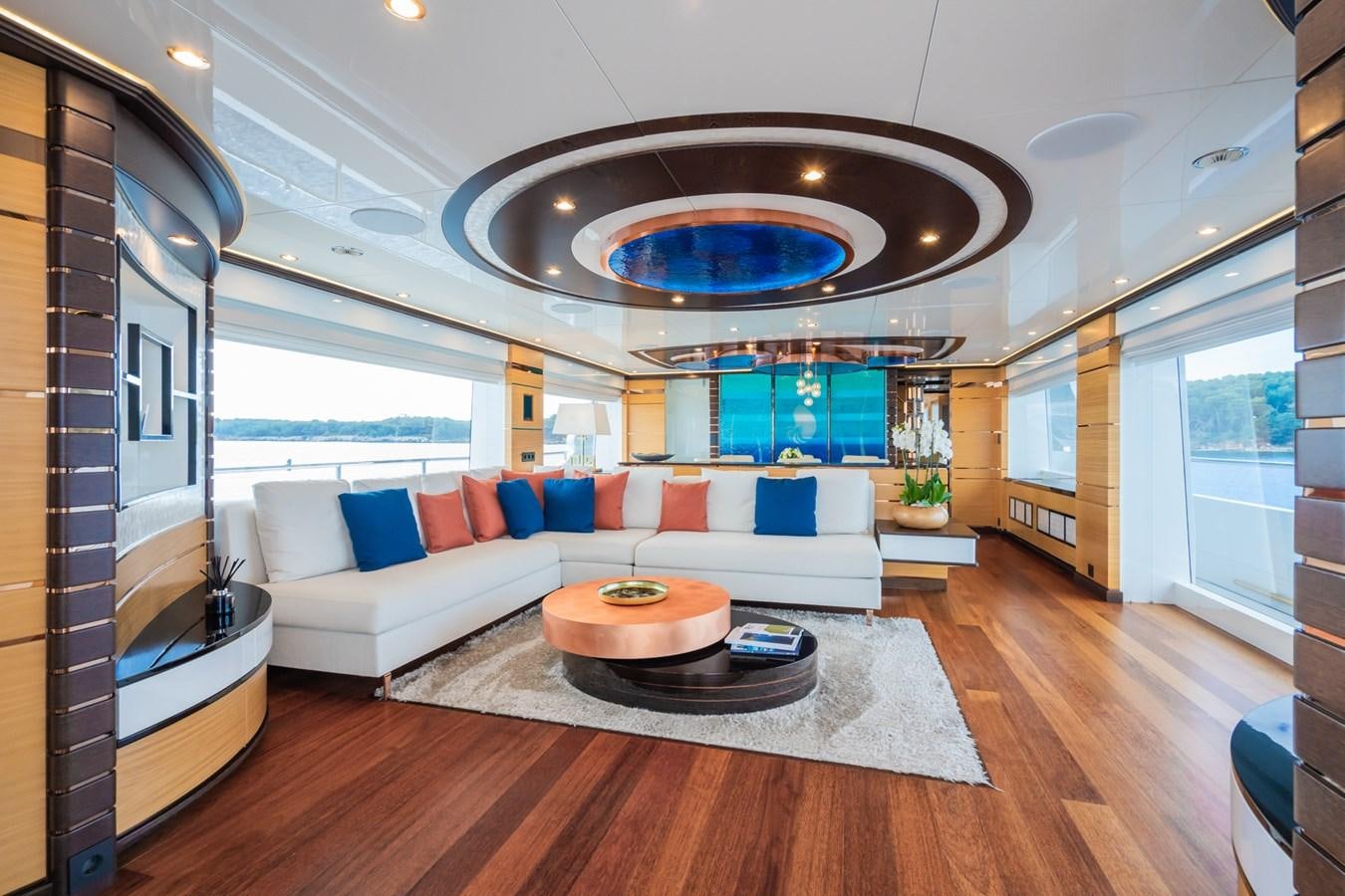 a living room with a large glass ceiling aboard MY PARADIS Yacht for Sale