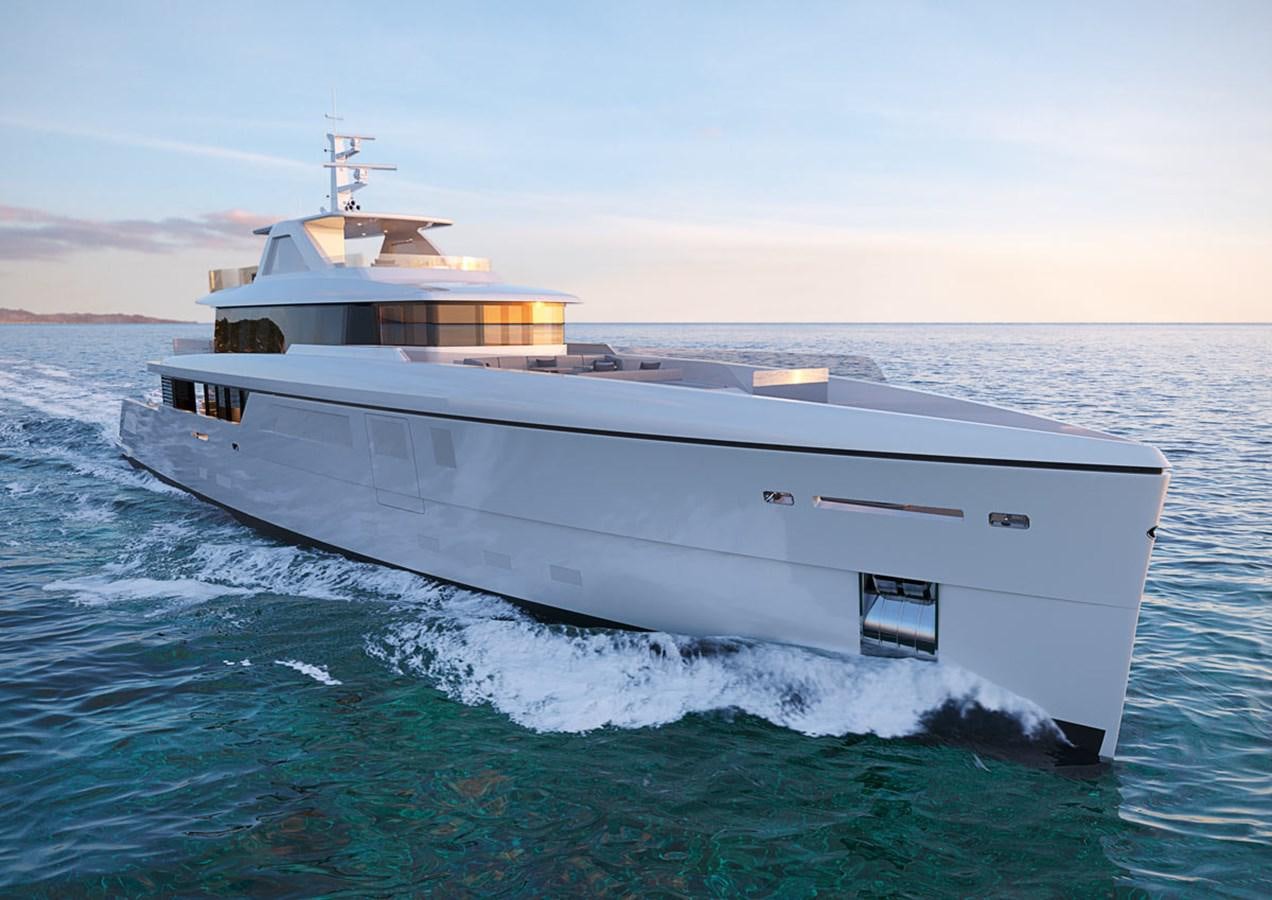a large white boat in the water aboard VITRUVIUS Yacht for Sale