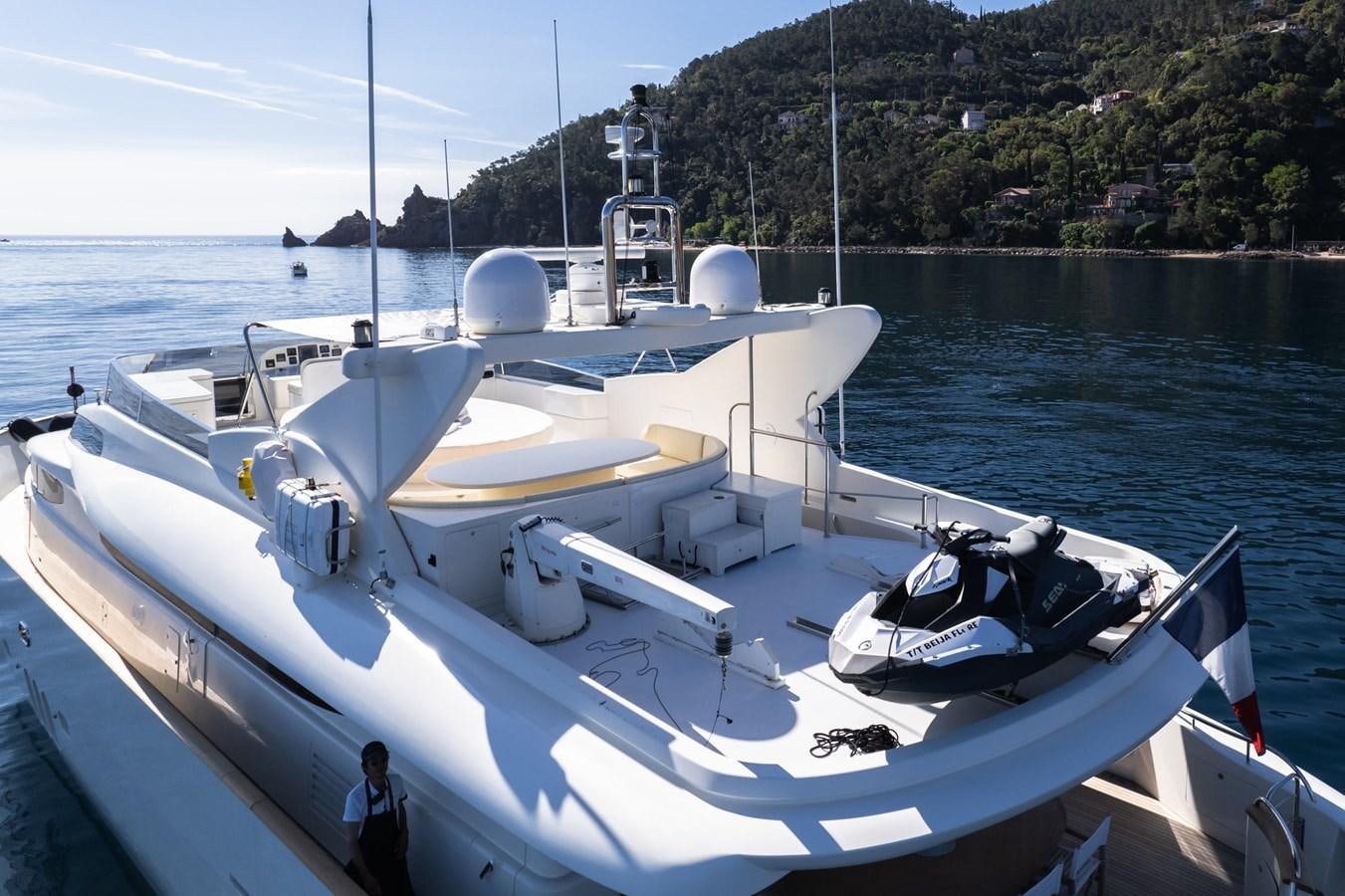 a boat with a motor on the front aboard BEIJA FLORE Yacht for Sale