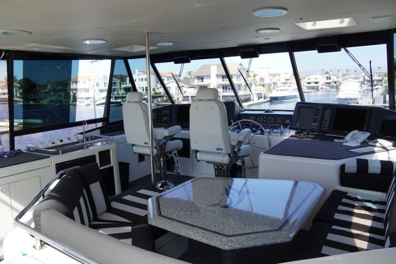 inside of a vehicle with a table and chairs and a large window aboard AFTER MIDNIGHT Yacht for Sale