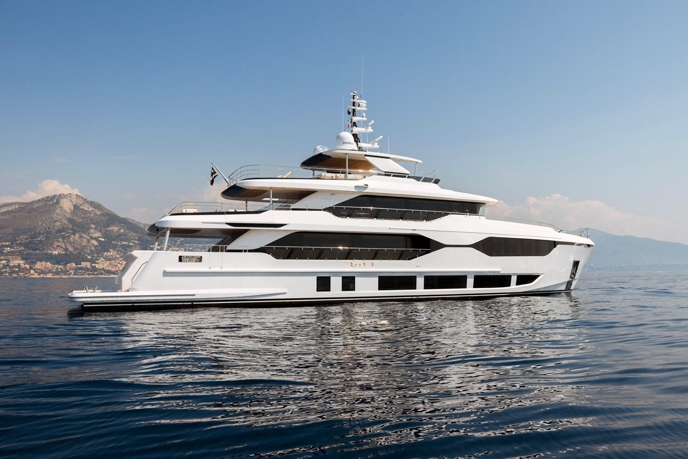a white yacht in the water aboard MAJESTY 111 Yacht for Sale