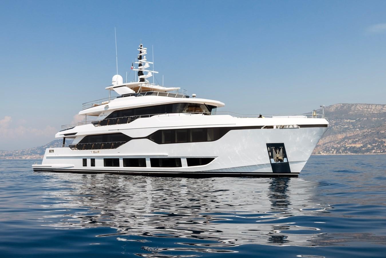 a white yacht in the water aboard MAJESTY 111 Yacht for Sale