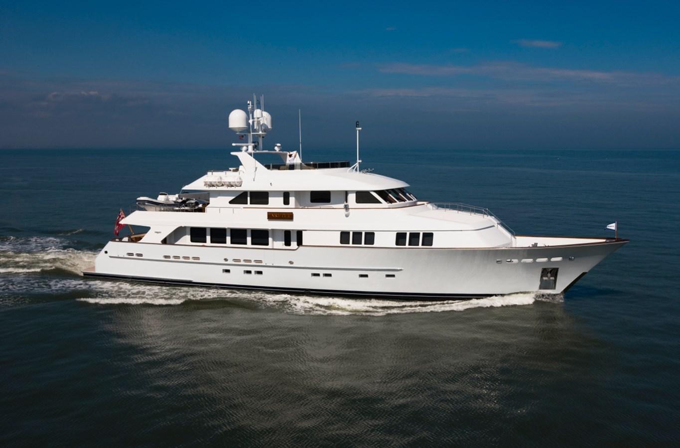 a white yacht in the water aboard ARETI I Yacht for Sale