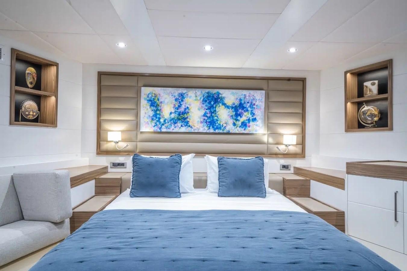 a bed in a room aboard 39,1 M CUSTOM BUILD MOTOR Yacht for Sale