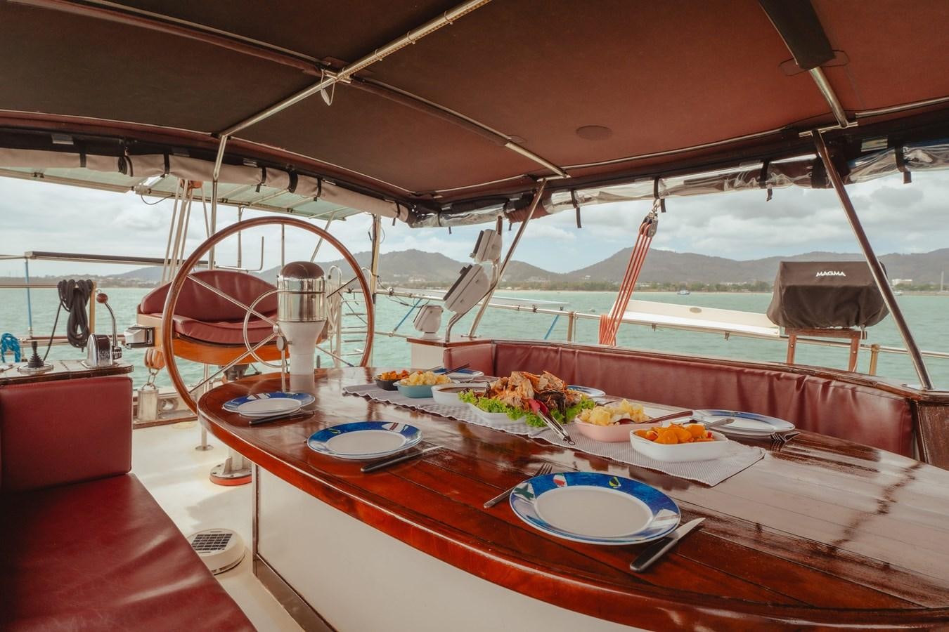 a boat with food on it aboard SJOSTROM Yacht for Sale
