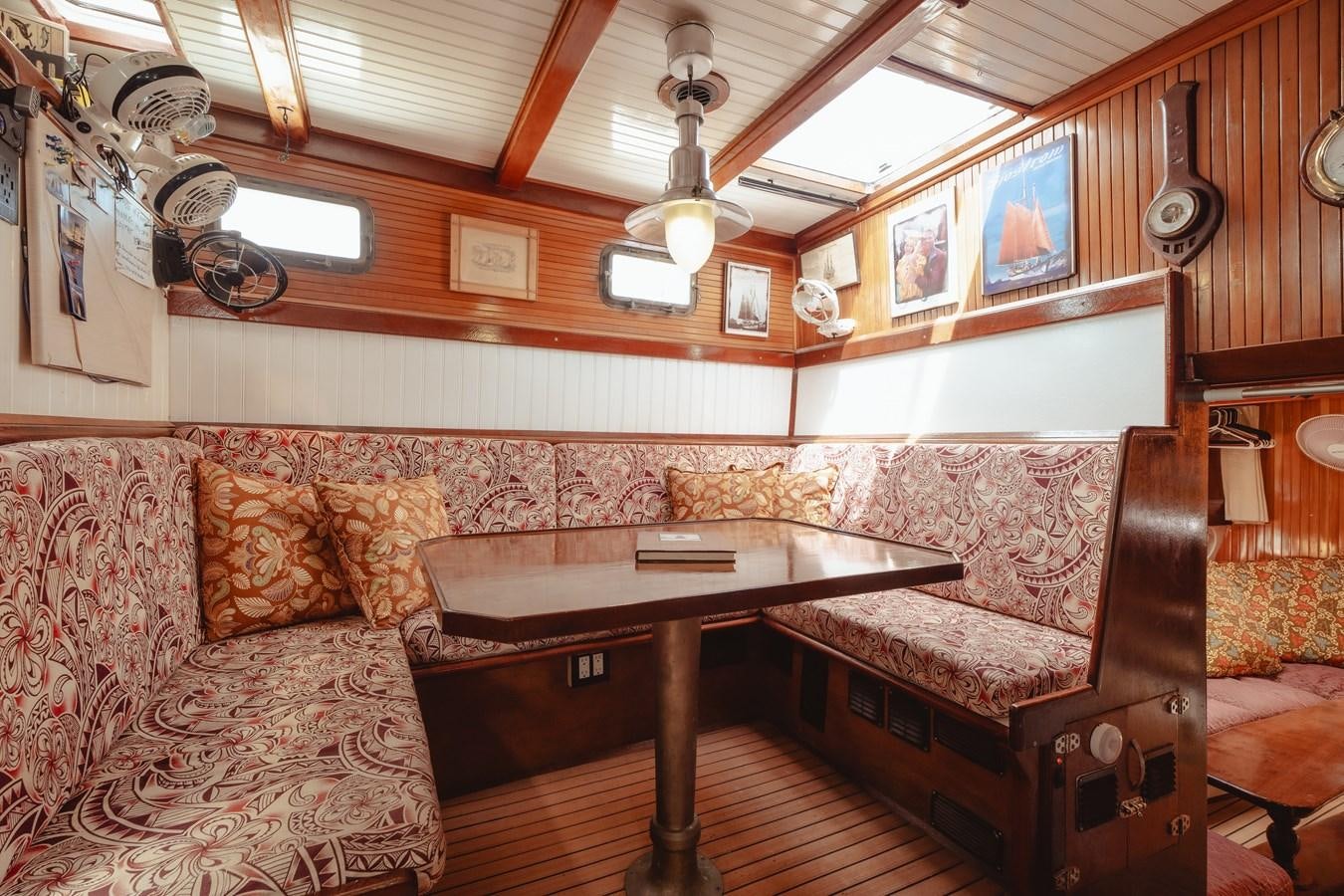 a living room with a table and couches aboard SJOSTROM Yacht for Sale