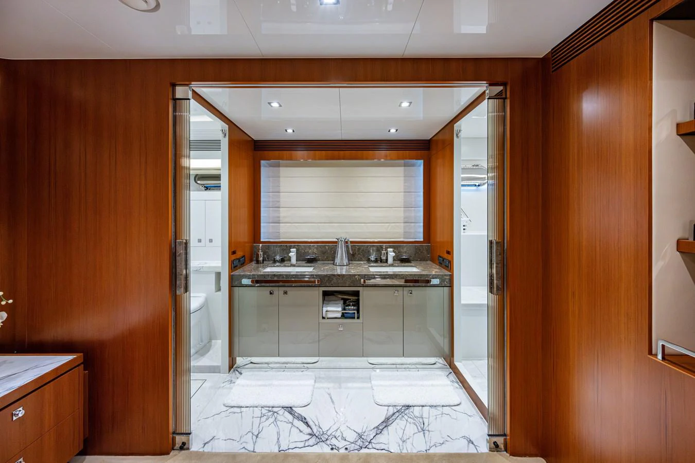 a kitchen with a tile floor aboard MOIRA CINCO Yacht for Sale