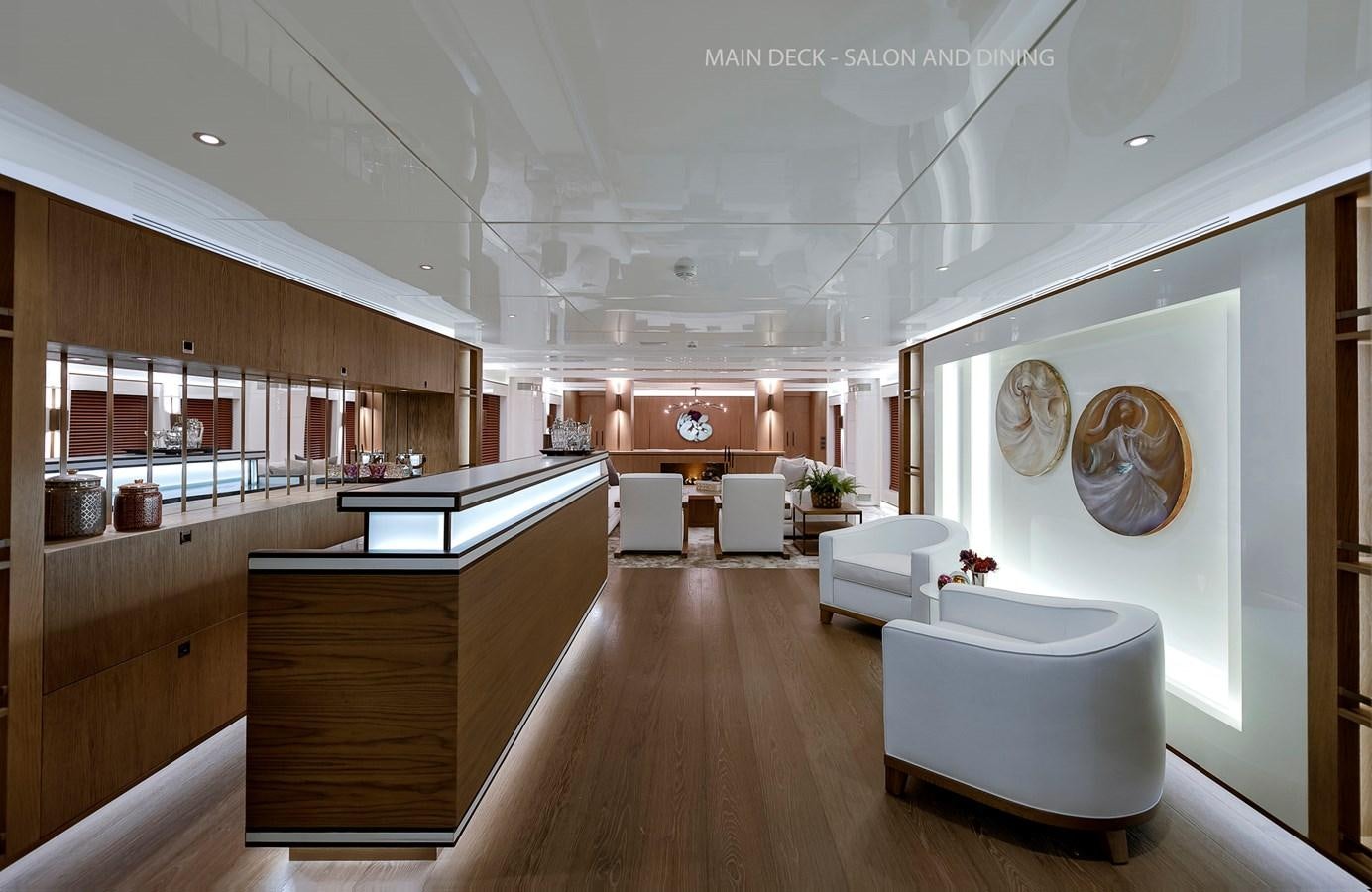a large open kitchen and dining area aboard LIQUID SKY Yacht for Sale