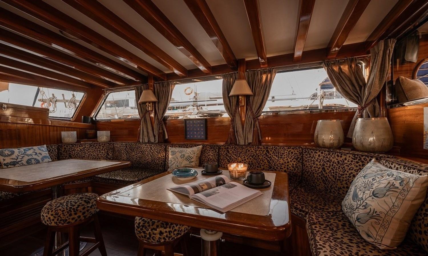 a room with a table and chairs aboard CUSTOM MADE 30 M MOTORSAILOR Yacht for Sale
