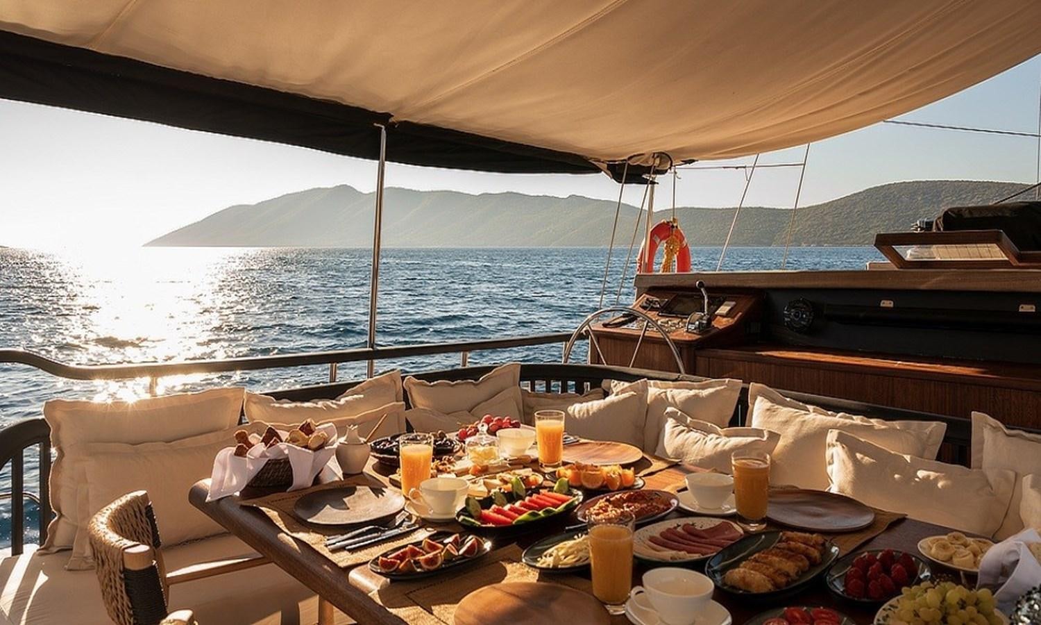 a table with food on it aboard CUSTOM MADE MOTORSAILOR Yacht for Sale