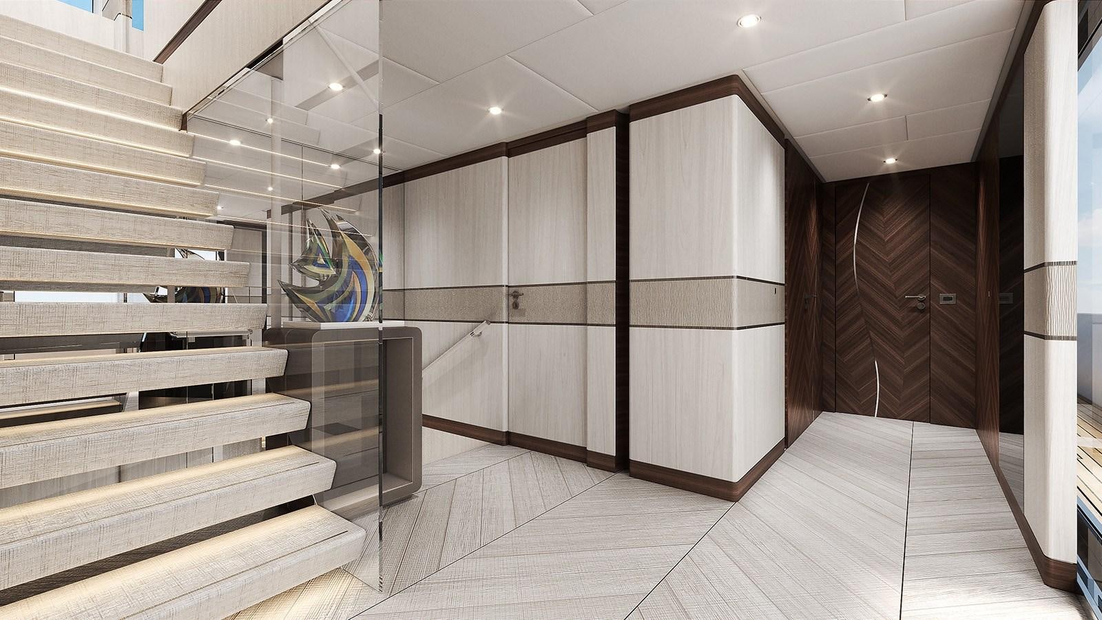 a room with a staircase and a glass wall aboard HEESEN 50M ALUMINIUM YN 21150  SOPHIA Yacht for Sale