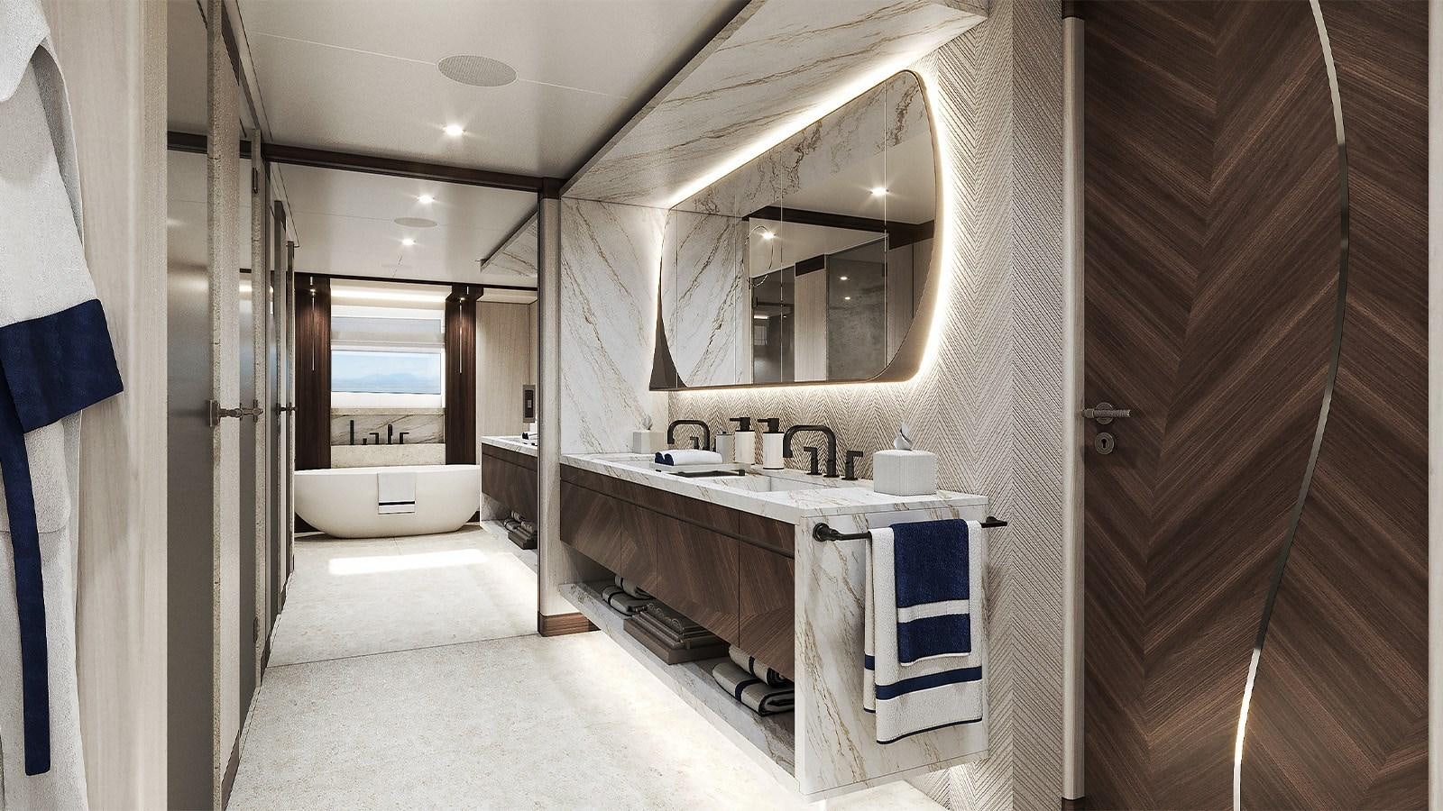 a bathroom with a large mirror aboard HEESEN 50M ALUMINIUM YN 21150  SOPHIA Yacht for Sale