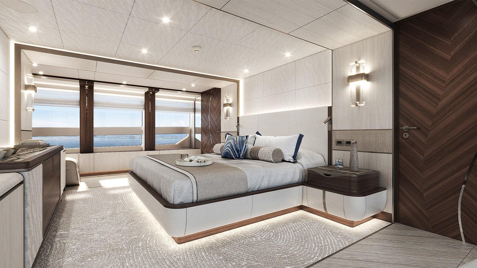 a room with a bed and a window aboard HEESEN 50M ALUMINIUM YN 21150  SOPHIA Yacht for Sale