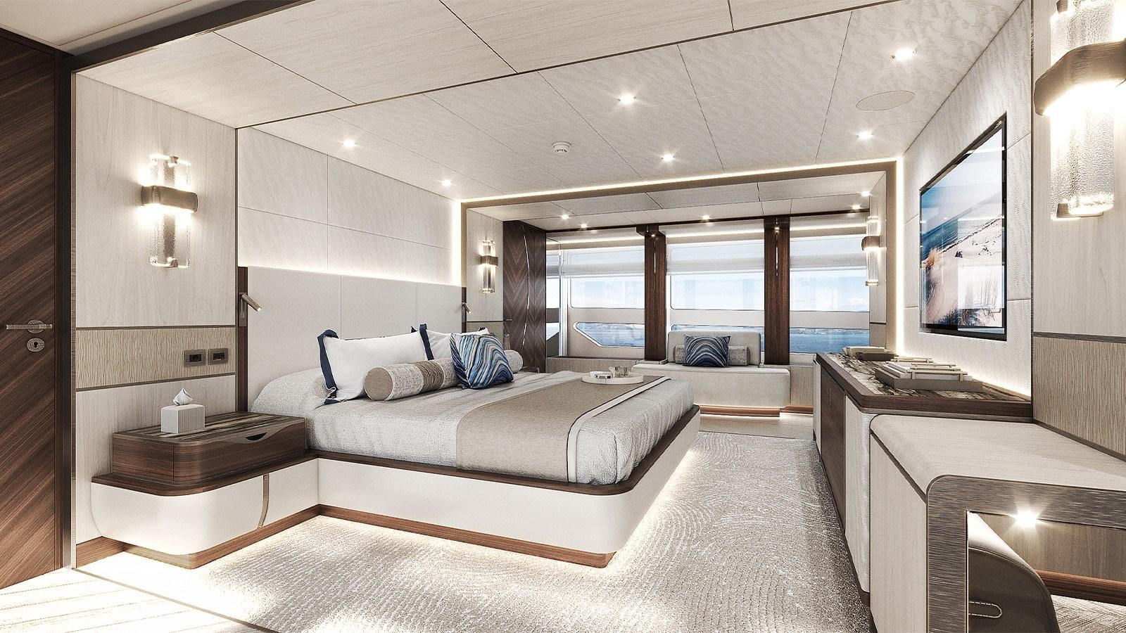 a room with a bed and a desk aboard HEESEN 50M ALUMINIUM YN 21150  SOPHIA Yacht for Sale