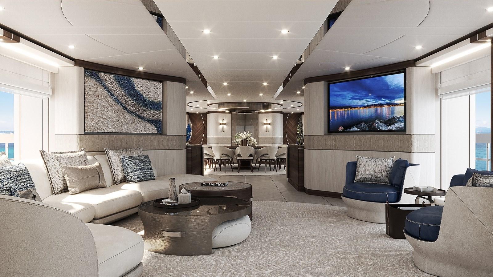 a living room with a large screen aboard HEESEN 50M ALUMINIUM YN 21150  SOPHIA Yacht for Sale
