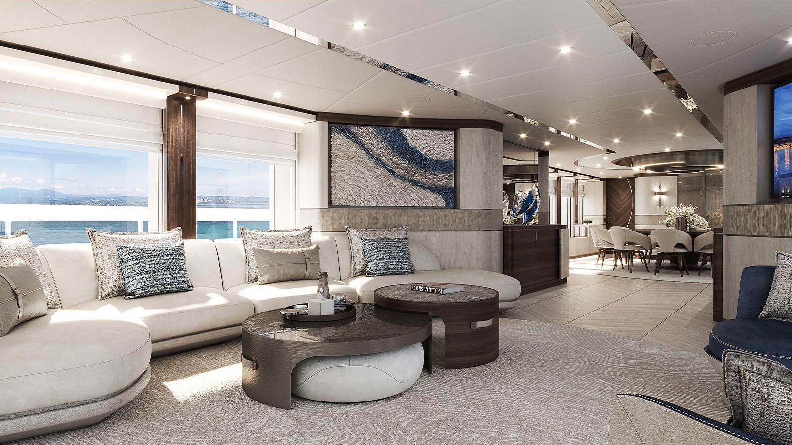 a living room with a large white couch and a large window aboard HEESEN 50M ALUMINIUM YN 21150  SOPHIA Yacht for Sale