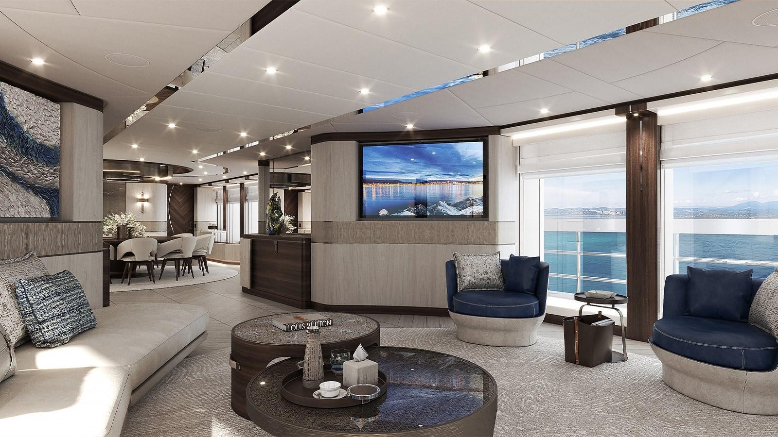 a living room with a large screen aboard HEESEN 50M ALUMINIUM YN 21150  SOPHIA Yacht for Sale