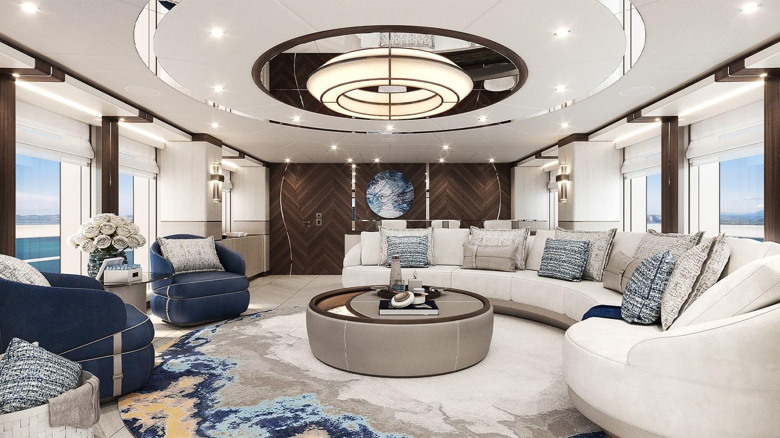 a large living room with a large chandelier aboard HEESEN 50M ALUMINIUM YN 21150  SOPHIA Yacht for Sale