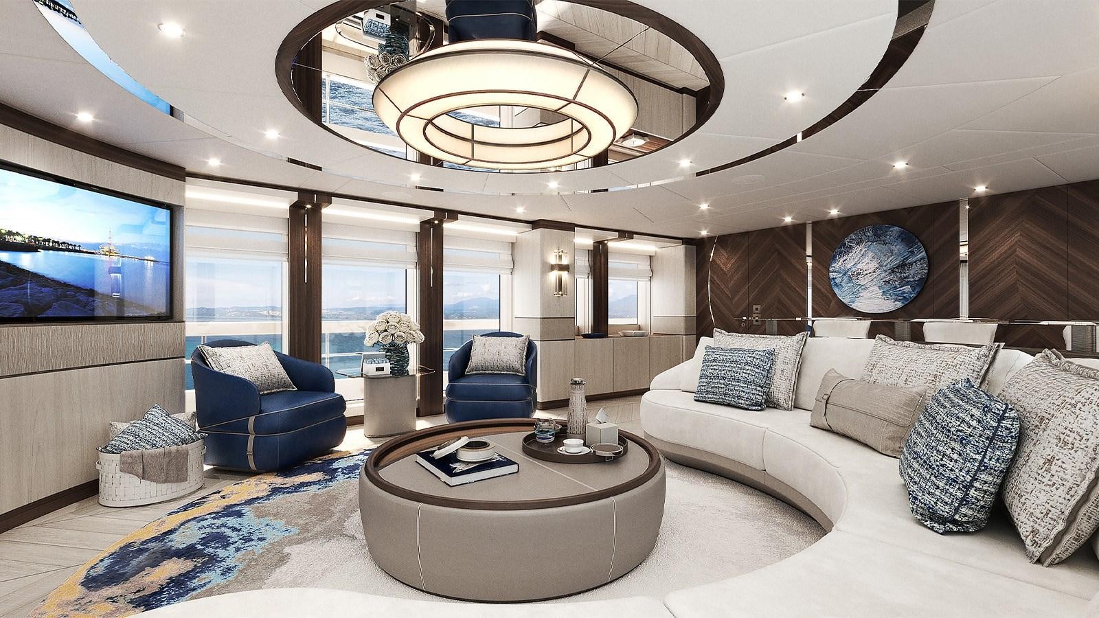 a large living room with a large window aboard HEESEN 50M ALUMINIUM YN 21150  SOPHIA Yacht for Sale