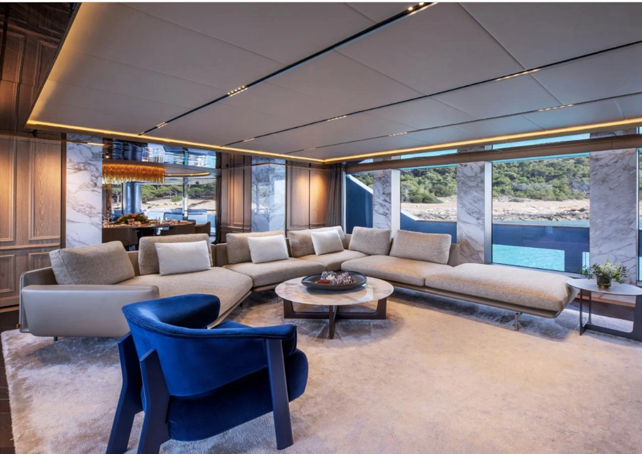 a living room with a large window aboard ADMIRAL S-FORCE 55 Yacht for Sale