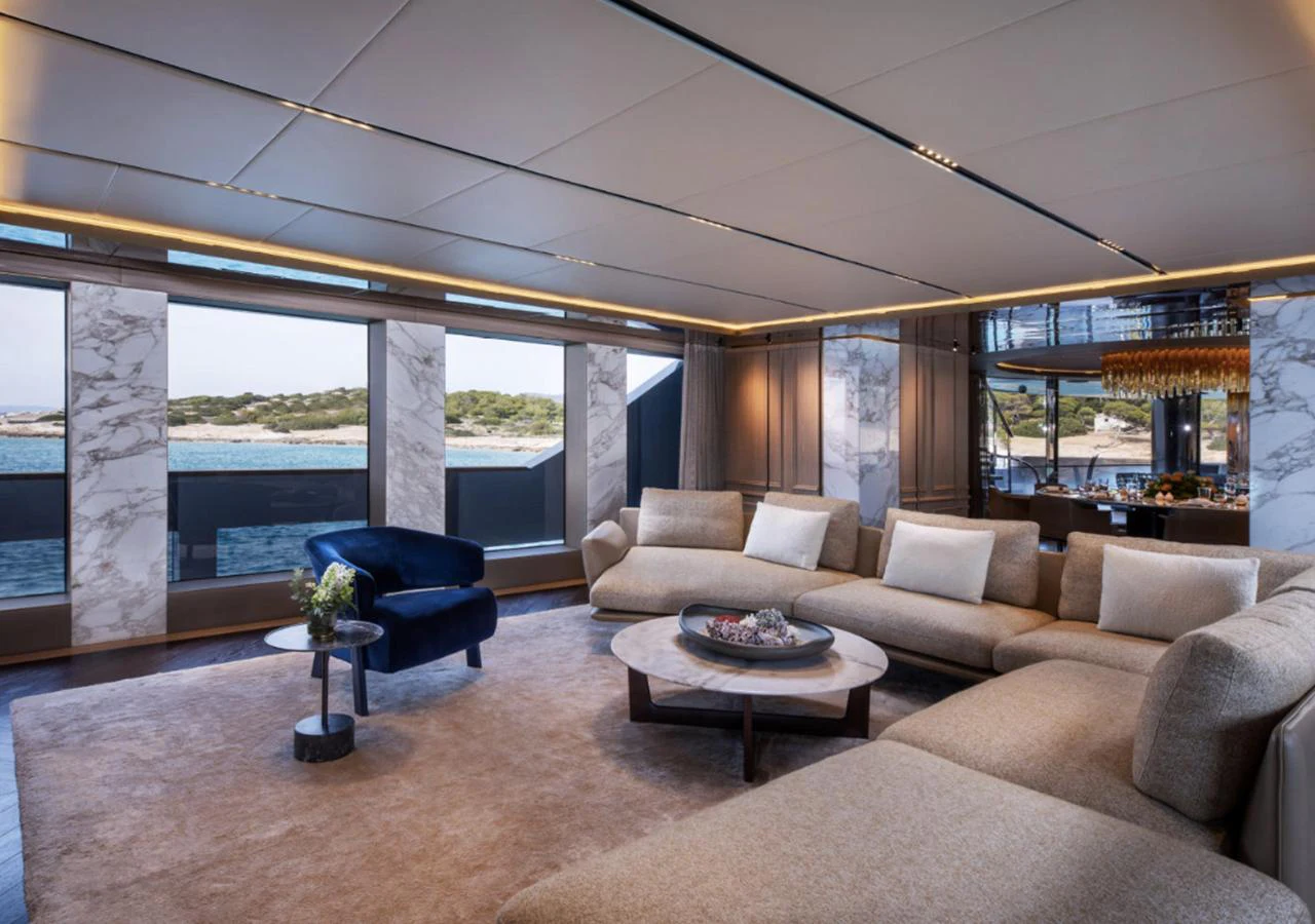 a living room with a large window aboard ADMIRAL S-FORCE 55 Yacht for Sale