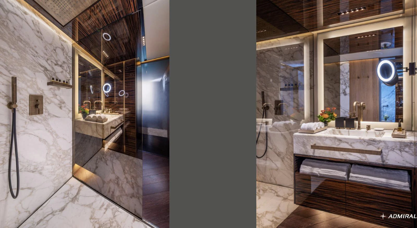 a bathroom with a countertop sink and a mirror aboard ADMIRAL S-FORCE 55 Yacht for Sale