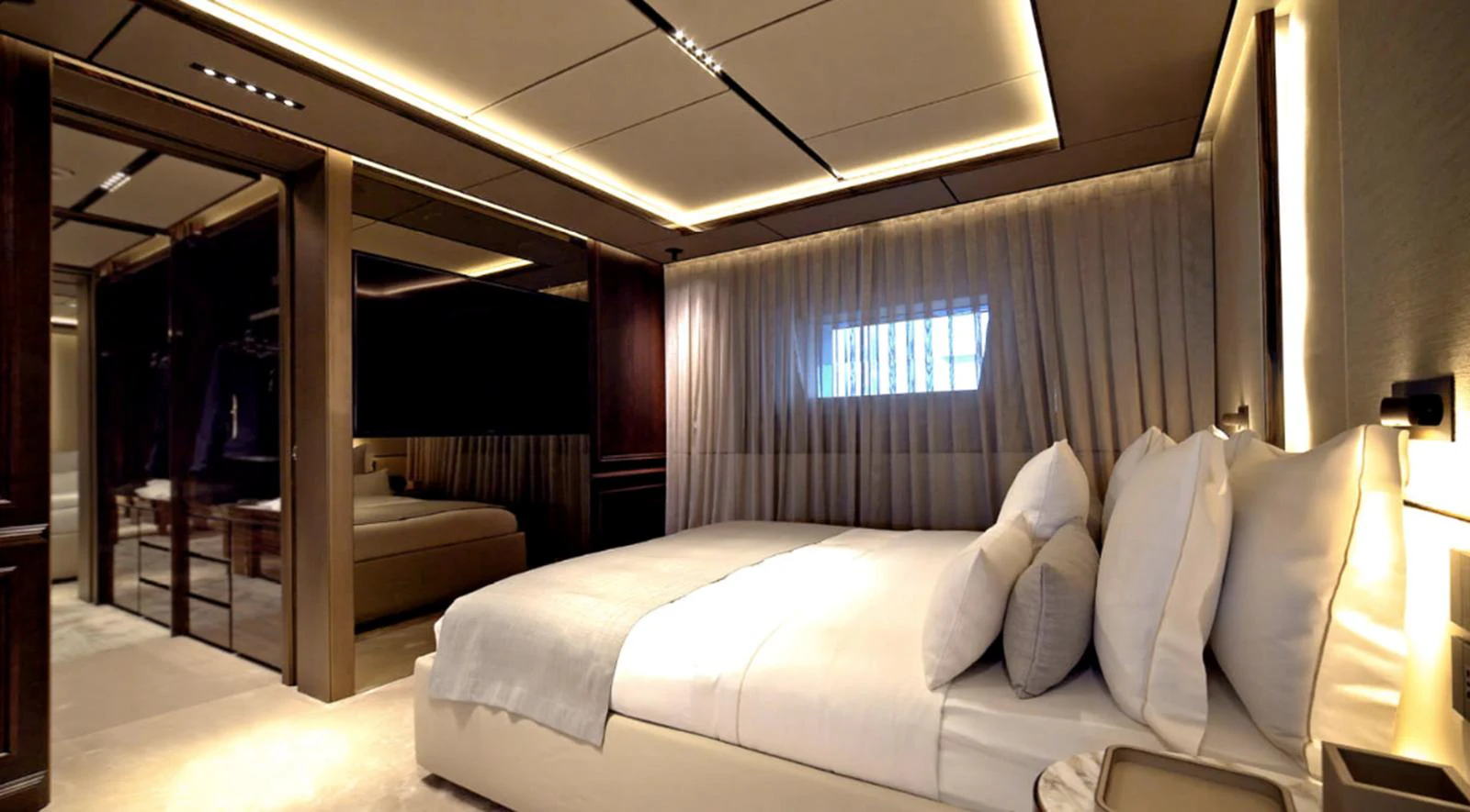 a room with a bed and a window aboard ADMIRAL S-FORCE 55 Yacht for Sale
