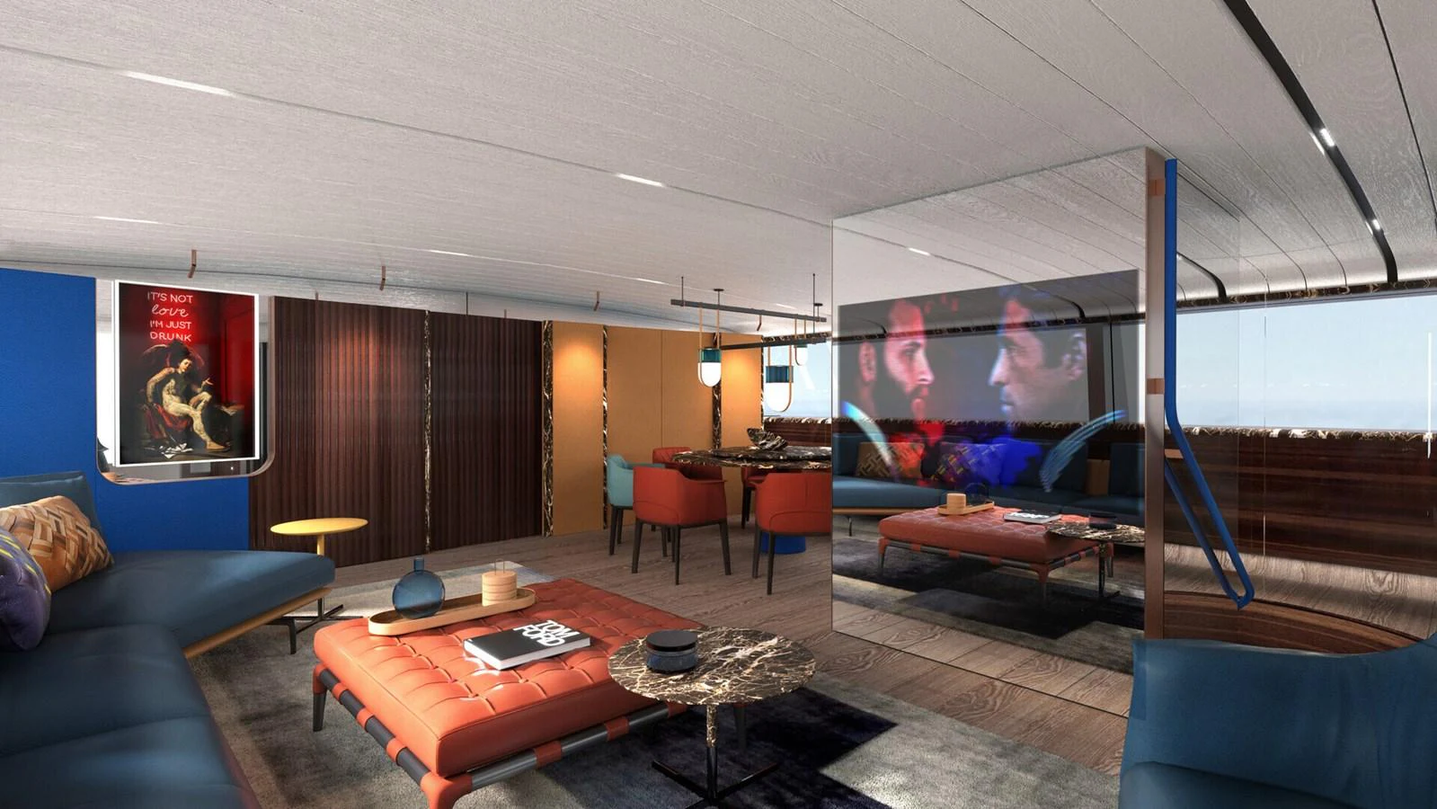 a living room with a large mirror aboard PERINI 47M Yacht for Sale