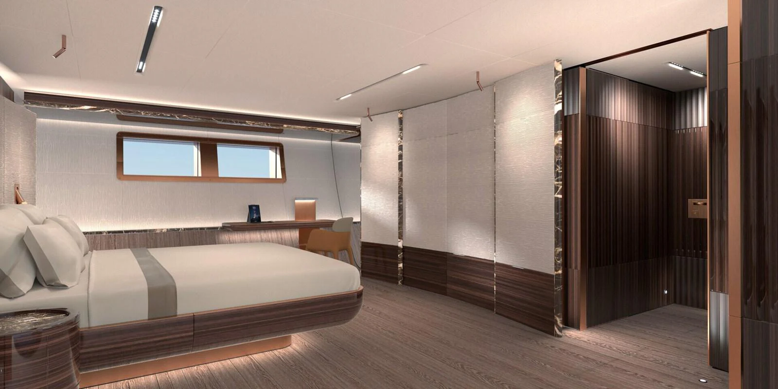 a room with a bed and a closet aboard PERINI 47M Yacht for Sale