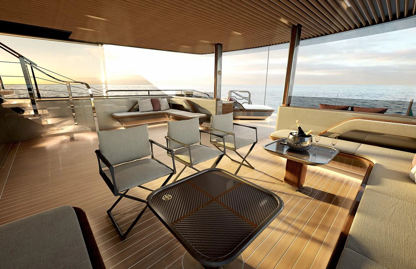 a room with a table chairs and a view of the ocean aboard PERINI 47M Yacht for Sale