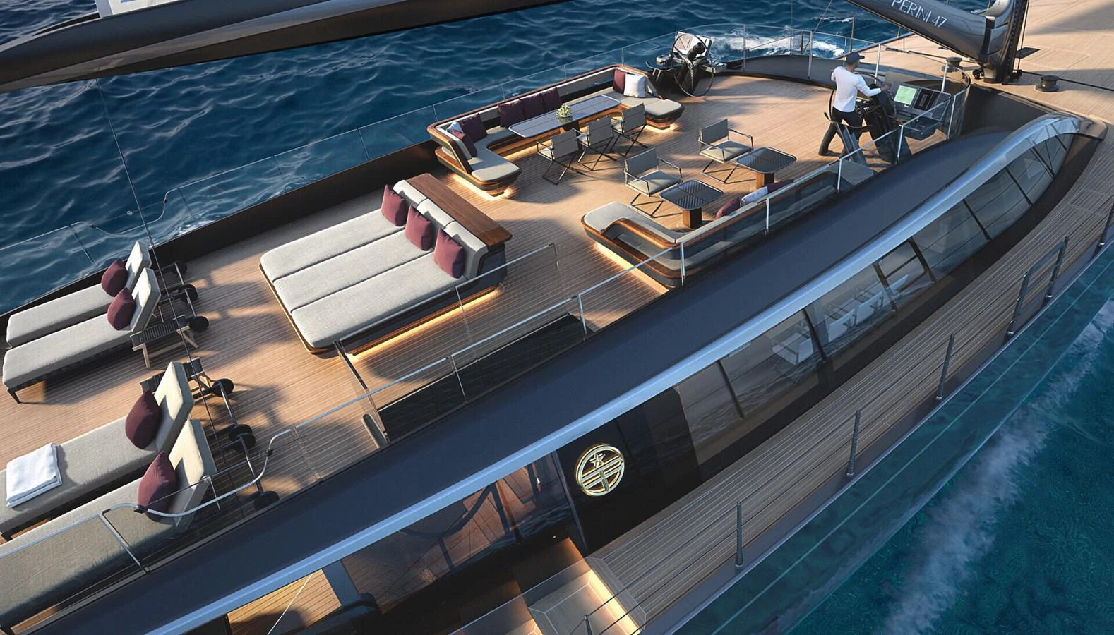 a person working on a model ship aboard PERINI 47M Yacht for Sale
